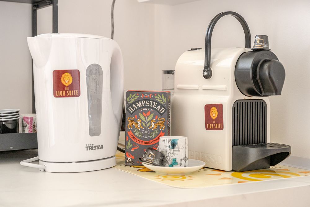 The Lion Suite branded kettle and coffee machine